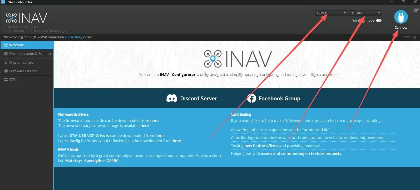 INAV Configurator 连接设置