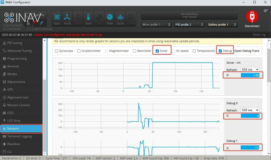 INAV Sensors 界面查看 Sonar 和 Debug 波形