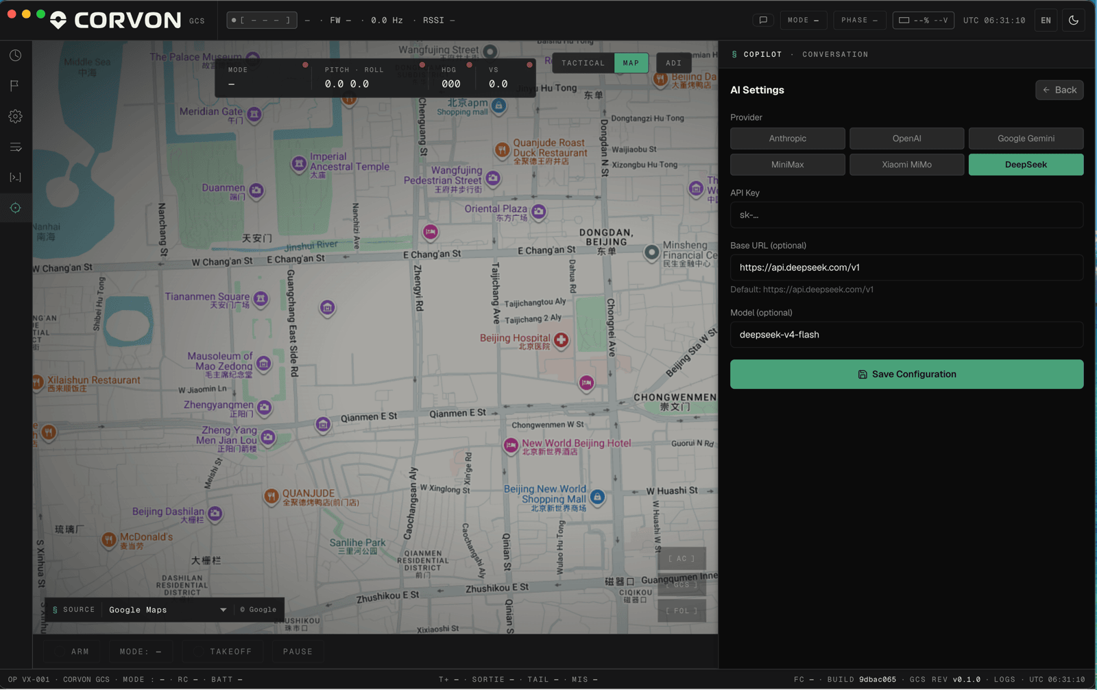 CORVON AI 地面站的 AI 设置面板：选择服务商（Anthropic、OpenAI、Google Gemini、DeepSeek 等）并填入自己的 API key、base URL 与模型。