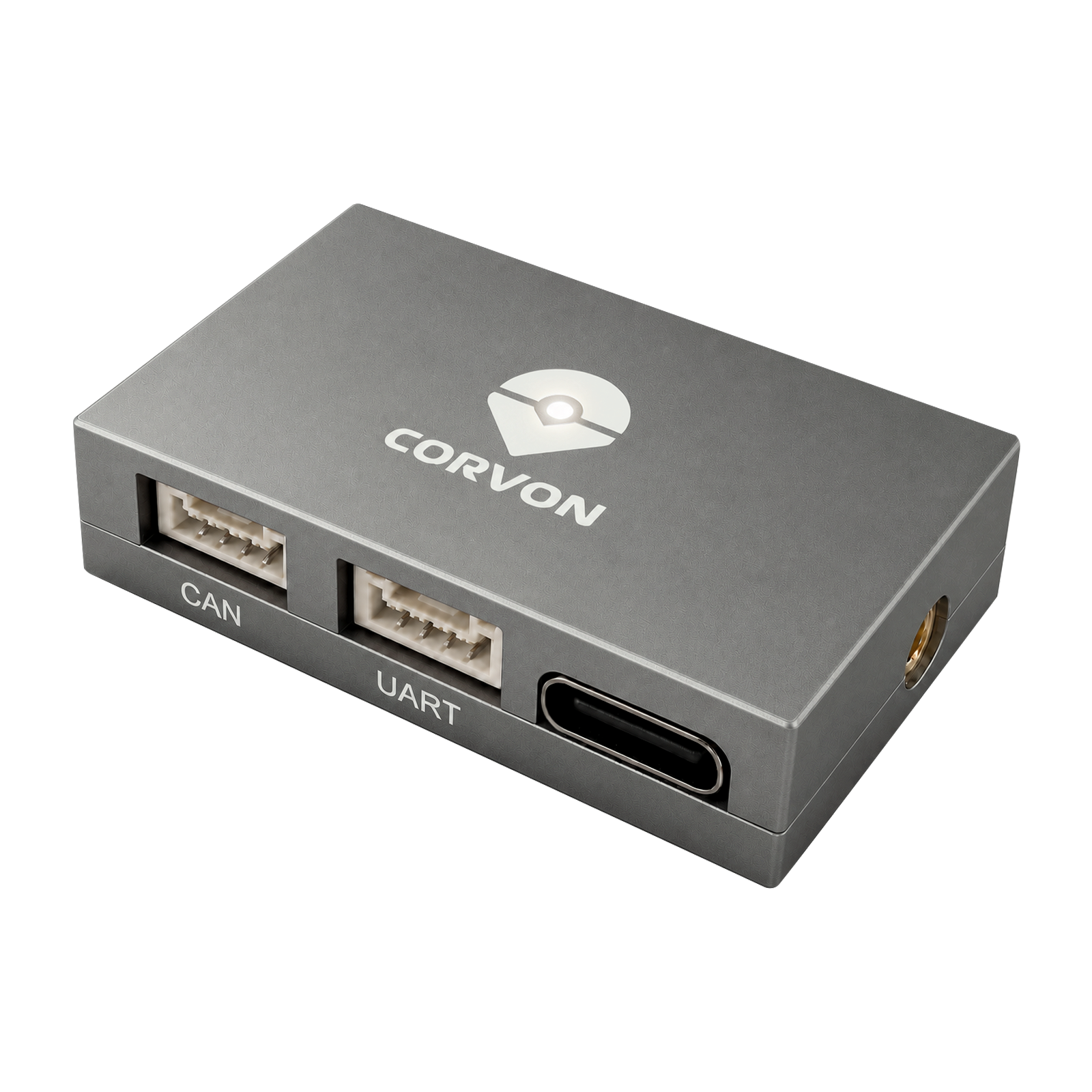 CORVON RID-A0 Remote ID module, angled view with CAN, UART and USB-C ports